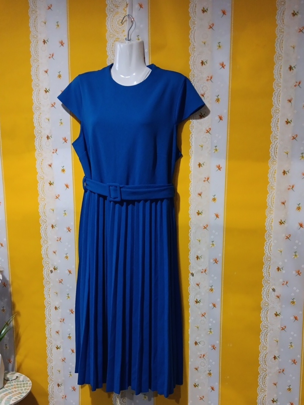 Pleated Belted Midi Dress - Blue